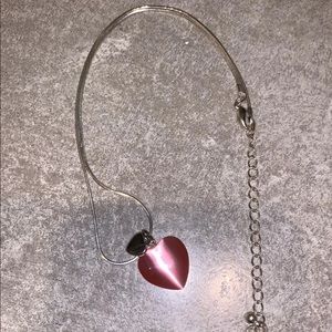 Polished Pink Stone Heart Costume Silver Necklace